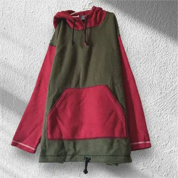 90s US FACTORY 플리스 후드티 카키 x 레드 아메카지 레트로