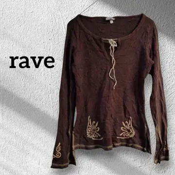 1점 한정 rave 브라운 V넥 긴팔 티셔츠 자수 상의