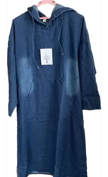 데님 블루 후드 부착 원피스