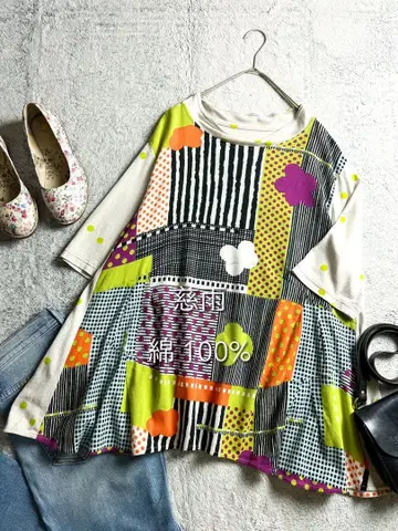 [ 지우 ] 지우 꽃무늬 튜닉 티셔츠 패치워크풍 멀티 컬러 40