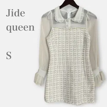 시어 절개 트위드 원피스 쉬폰 긴팔 화이트 S 비침