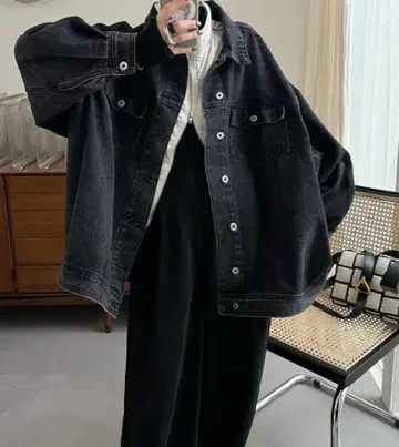 블랙 데님 자켓 오버 사이즈