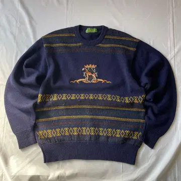레어 00s 울 니트 네이비 자수 그런지 Y2K 헤이세이 구제 의류