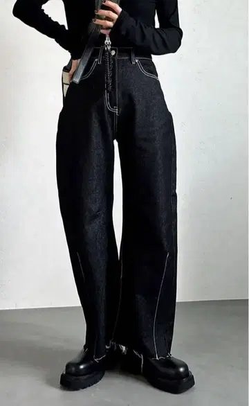 블랙 데님 와이드 레그 팬츠