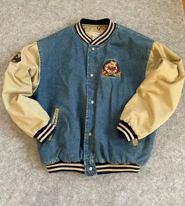 빈티지 곰돌이 푸우 데님 바시티 자켓 자수 로고 포함