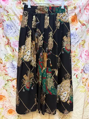 빈티지 프린트 패턴 턱 플리츠 롱 스커트