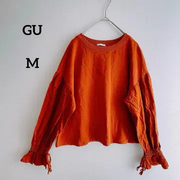 GU 티셔츠 브라운 M 소매 셔링 루즈핏 지유