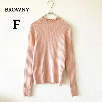 브라우니 리브 니트 스웨터 F 핑크 긴팔 프릴 모크넥 119