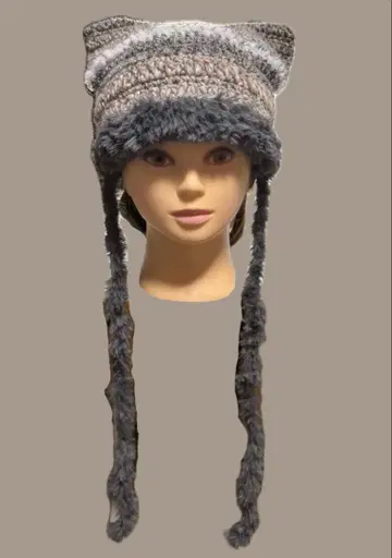 고양이 귀 니트 모자 니트 그레이