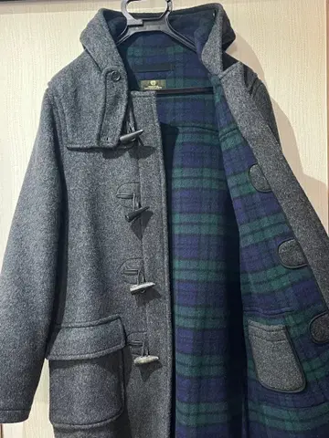 울 더플 코트 그레이 체크 무늬