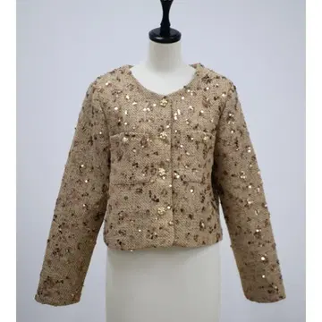 비즈 장식 베이지 노카라 자켓