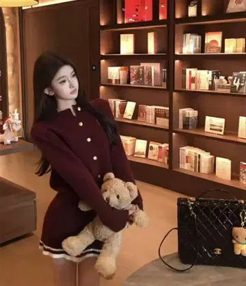 와인 레드 스웨터 스커트 세트 M 사이즈