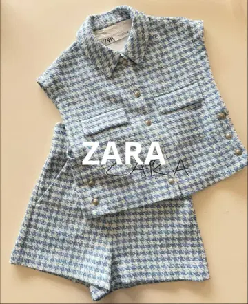 ZARA 블루 계열 하운드투스 패턴 트위드풍 셋업 베스트&팬츠