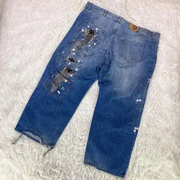 레어 사이즈 [카라쿠리타마시] (130) 잉어 자수 데님 팬츠