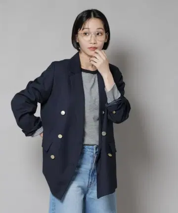 나노 유니버스 네이비 더블 버튼 테일러드 자켓