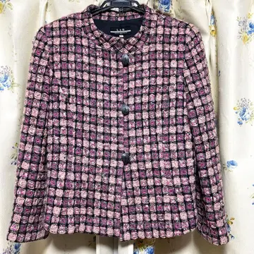 트위드 노카라 자켓 L 사이즈 핑크 계열