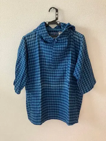 BLUE BLUEJAPAN 체크 무늬 후드 부착 7부 소매 후드티