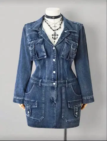 데님 블루 긴팔 미니 원피스 빅 사이즈 목걸이는 포함되지 않습니다