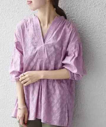 컨디션 최상 핑크 쉽스 에니 워셔블 자카드 퍼프 슬리브 블라우스