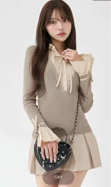 미사용 새상품 셔츠 도킹 플리츠 미니 원피스 GRY