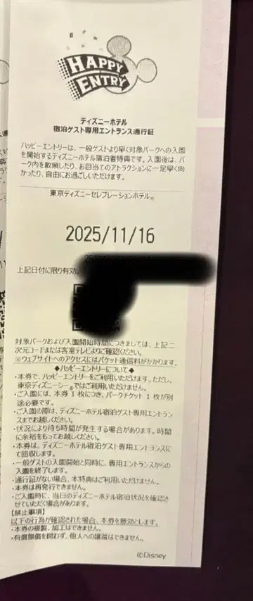 해피 엔트리 입장권 2025년 11월 16일 디즈니랜드