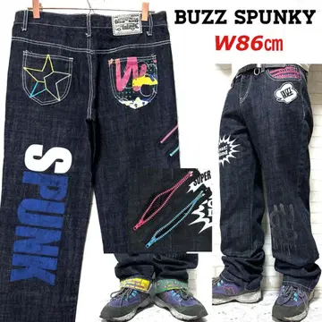 BUZZ SPUNKY 배기진 와이드 데님 페인트 자수 지퍼 장식
