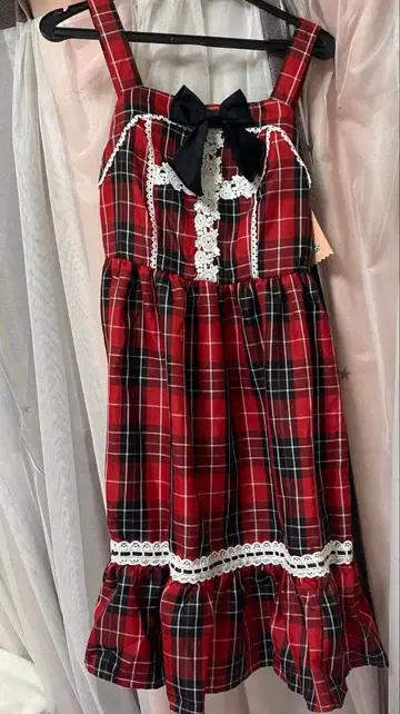 샬롯 빨간색 체크 오버롤 스커트 S