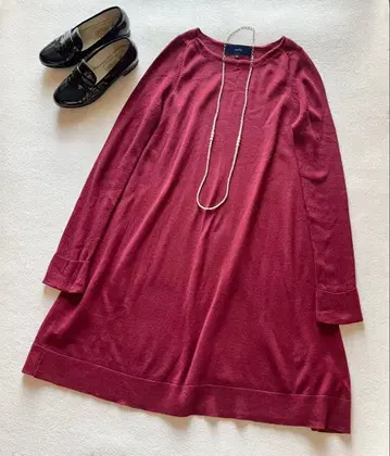 거의 새상품 SHIPS 하이 게이지 울 리브 슬리브 플레어 니트 원피스