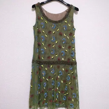 컨디션 최상! 고급 그린 꽃무늬 스팽글 비즈 원피스 크리스마스