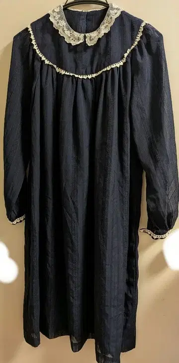 [레트로 구제 의류] 네이비 레이스 옷깃 긴팔 원피스