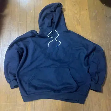 네이비 후드티 리브 소매 로고