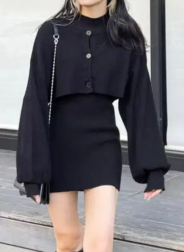 EVRIS 레이어드 니트 미니 원피스 셋업 블랙 프리 사이즈