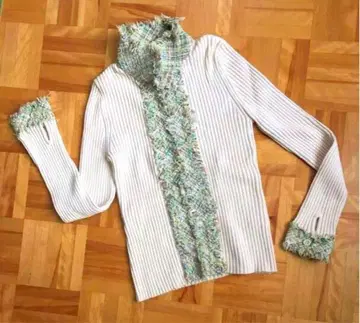 MOSAIQUE 트위드 프릴 옷깃&소매 니트 신축성 가디건 M