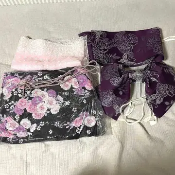 유카타 오비 세트 블랙과 보라색 꽃무늬