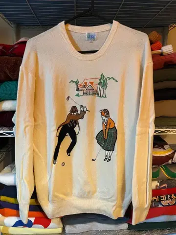 레어 빈티지 니트 L 빅 자수 골프 쇼와 레트로 얇은 소재 구제 의류