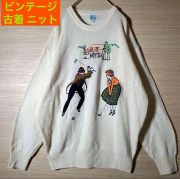 레어 빈티지 니트 L 빅 자수 골프 쇼와 레트로 얇은 소재 구제 의류