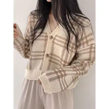 VIVIDLADY 크롭 체크 무늬 니트 가디건