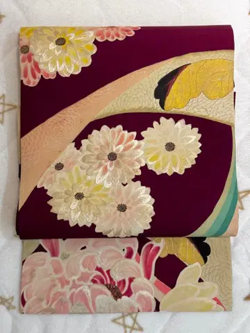 앤티크 오비 자수 시오제 데코 국화 난국 수선 나고야 오비 순수 실크