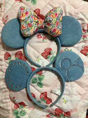 미키 미니 머리띠 데님 꽃무늬 세트