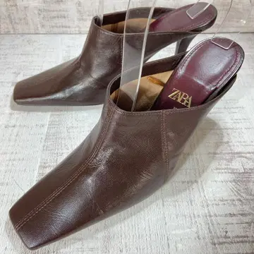 ZARA 가죽 뮬 힐 38 24cm 상당 브라운 스퀘어토