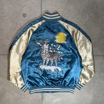 스카잔 수베니어 자켓 늑대 울프 달 요코스카 동양 새틴 전면 자수