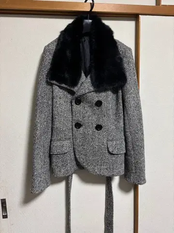 울 혼방 더블 브레스트 자켓 퍼 포함