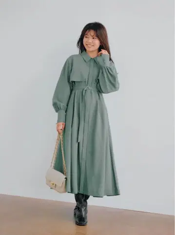 코히나 벨트 포함 요크 셔츠 원피스 블루그린 short