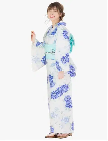 꽃무늬 유카타 오비 세트 (화이트 x 파랑)