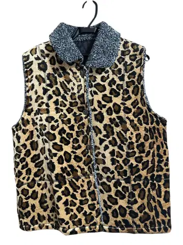 레오파드 무늬 카라 부착 보아 충전솜 베스트 y2k 헤이세이 갸루 여성용