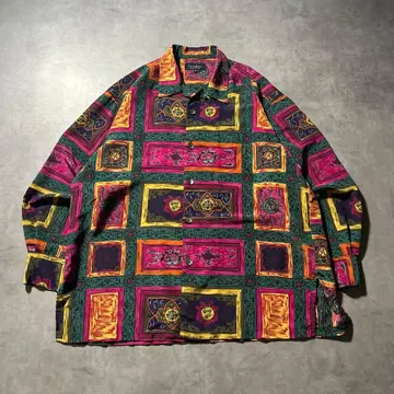 Grosbec 올 패턴 오픈 카라 레트로 스카프 패턴 디자인 셔츠