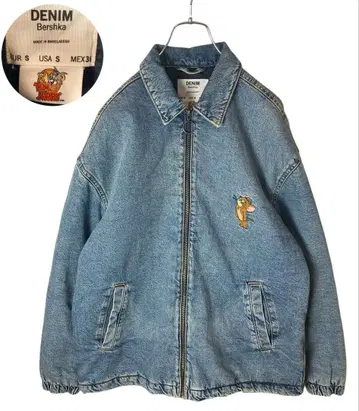 톰과 제리 자수 로고 x USED 가공 데님 블루종 충전솜 루즈한 사이즈