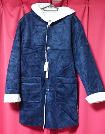 Right-on 페이크 무스탕 후드 코트 L 네이비