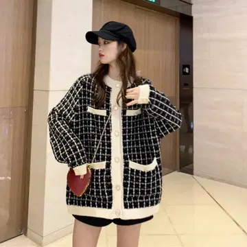 [ F ] 트위드 니트 가디건 볼레로 긴팔 가디건 체크 무늬 두꺼운 원단