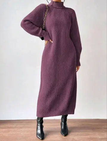 바이올렛 두꺼운 원단 니트 롱 원피스 다리까지 따뜻 털실 보라색